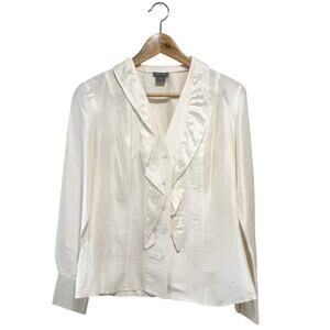 Ann Taylor 100% Silk Blouse Size 6 Blush Pink Ruffle Front Button Long Sleeve